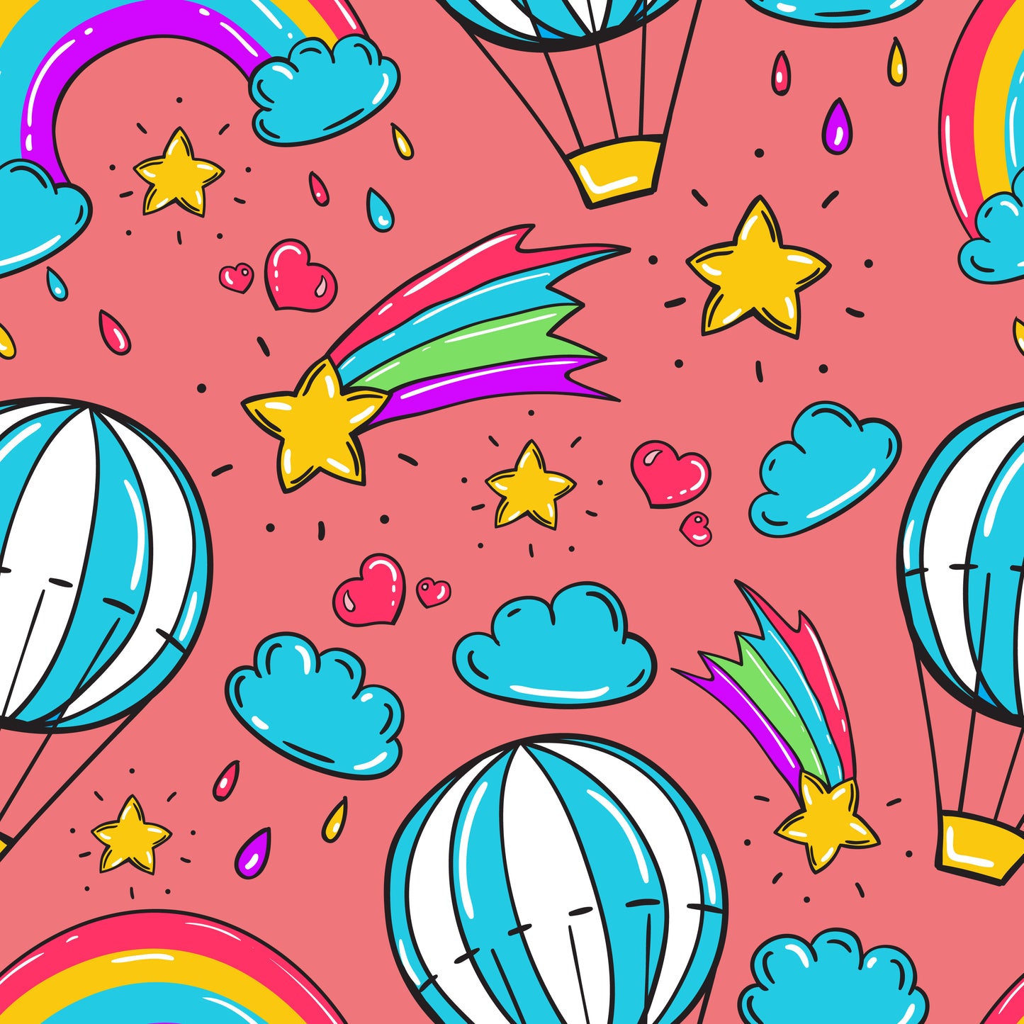 FS255 Funfair Shooting Stars | Fabric | Air Balloon, Cloud, Clouds, Exclusive, Fabric, fashion fabric, High Fashion, Hot Air Balloon, Kid, Kids, Rain, Rainbow, Red, Scuba, Shooting Star, Star, Stars | Fabric Styles