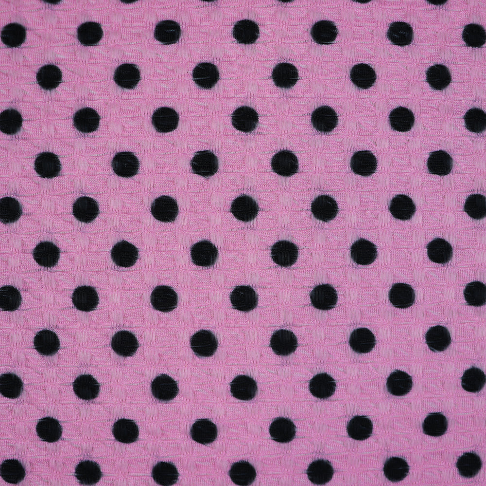 Textured Waffle Jacquard Polka Dot Fabric – Pink & Black Stretch Dress Fabric