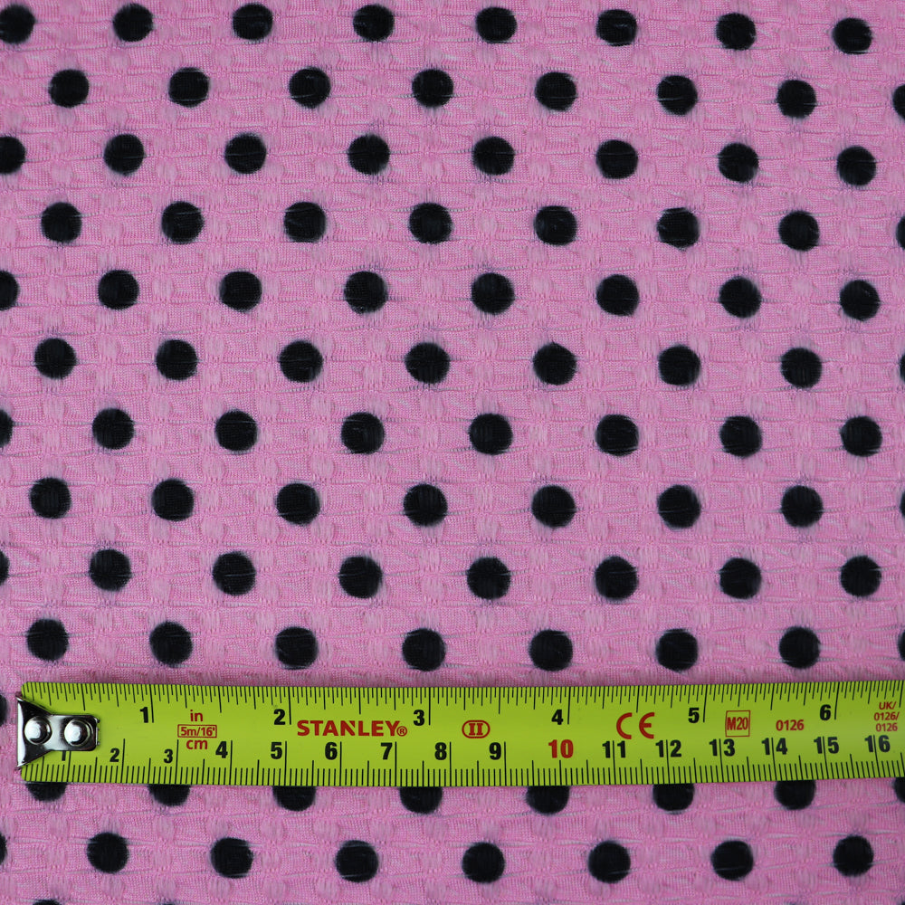 Textured Waffle Jacquard Polka Dot Fabric – Pink & Black Stretch Dress Fabric