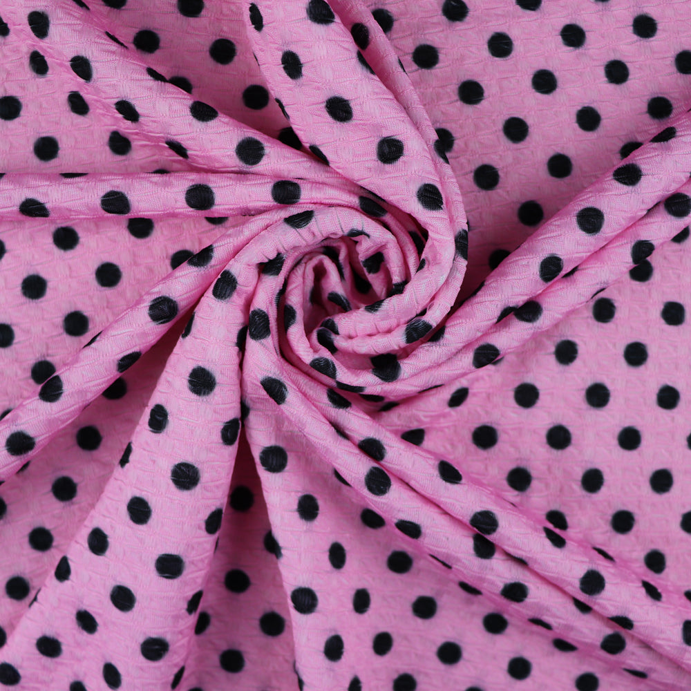 Textured Waffle Jacquard Polka Dot Fabric – Pink & Black Stretch Dress Fabric