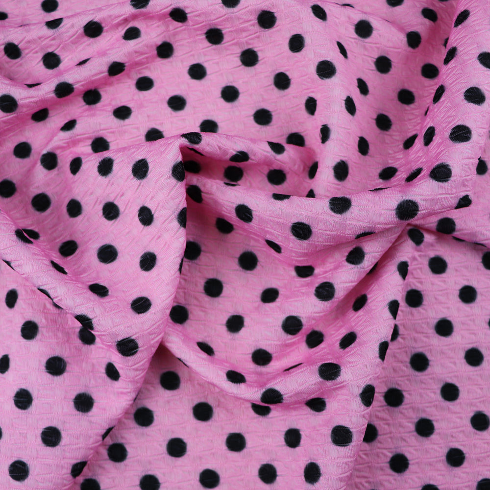 Textured Waffle Jacquard Polka Dot Fabric – Pink & Black Stretch Dress Fabric