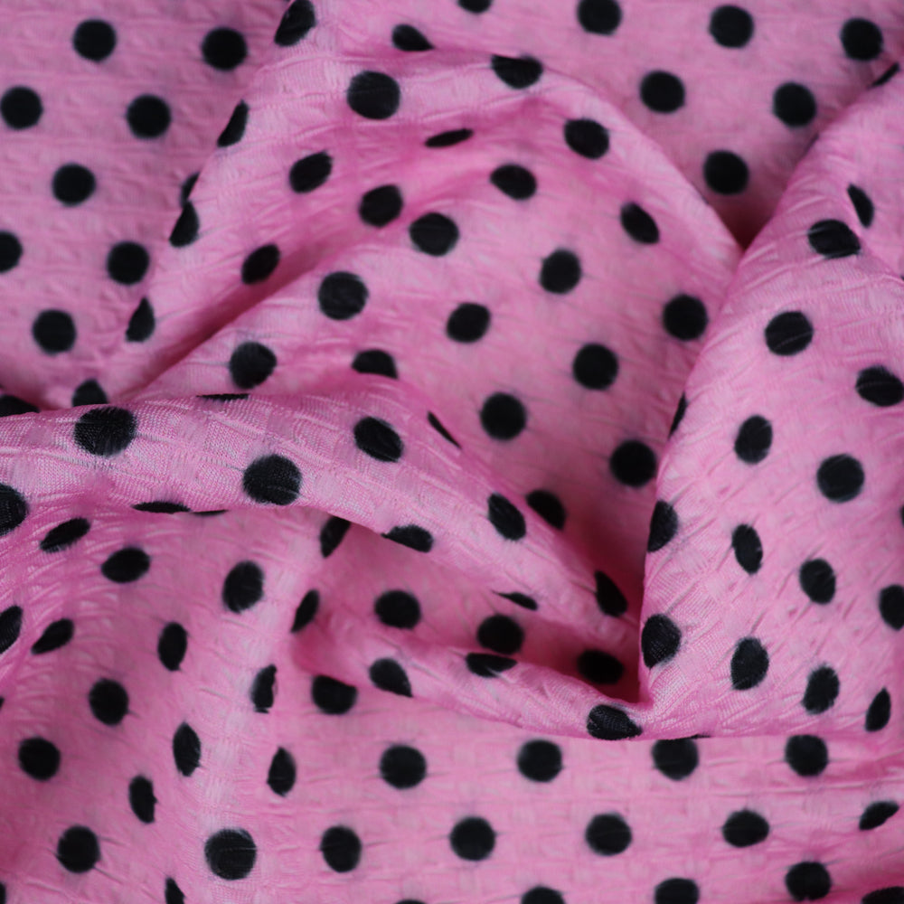 Textured Waffle Jacquard Polka Dot Fabric – Pink & Black Stretch Dress Fabric