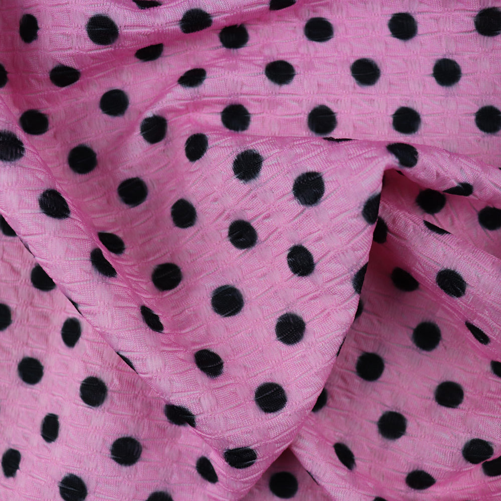 Textured Waffle Jacquard Polka Dot Fabric – Pink & Black Stretch Dress Fabric