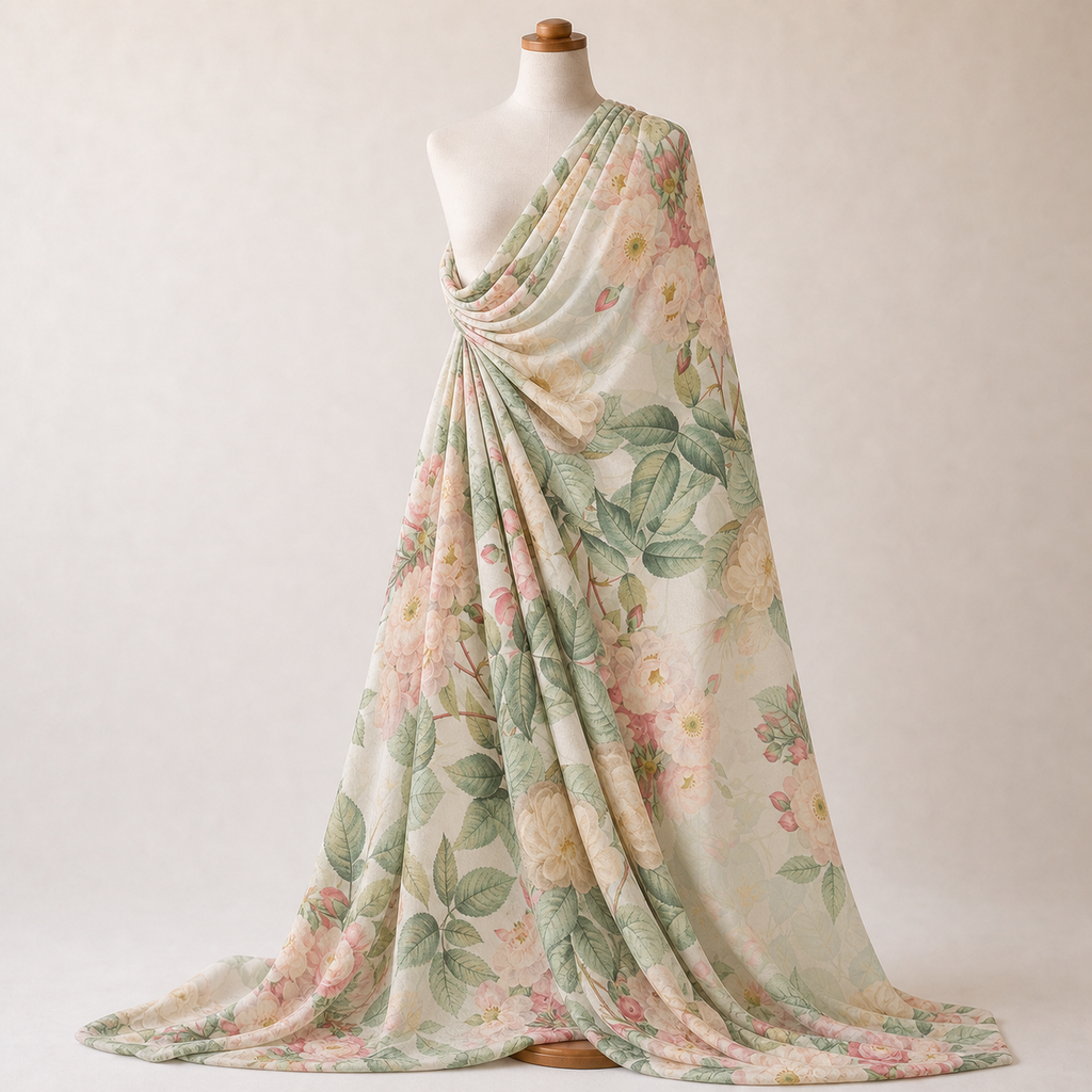 Blush Pink Vintage Rose Floral Woven Crepe Dress Fabric