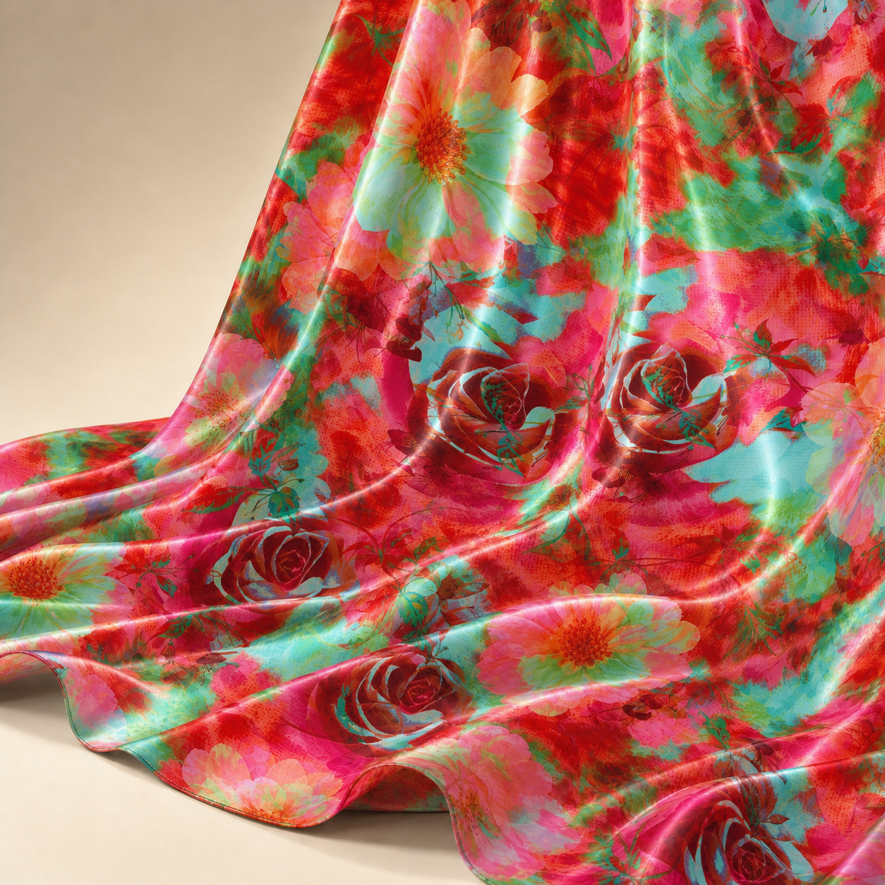 Vibrant Pink & Green Watercolour Floral Print Stretch Satin Fabric
