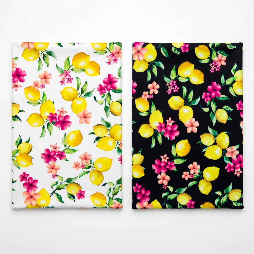 FS295 Lemon Floral Scuba Stretch Knit Fabric White & Black