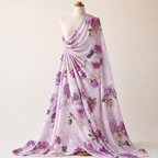 Pink Lilac Rose and Lace Print Woven Crepe Dress Fabric