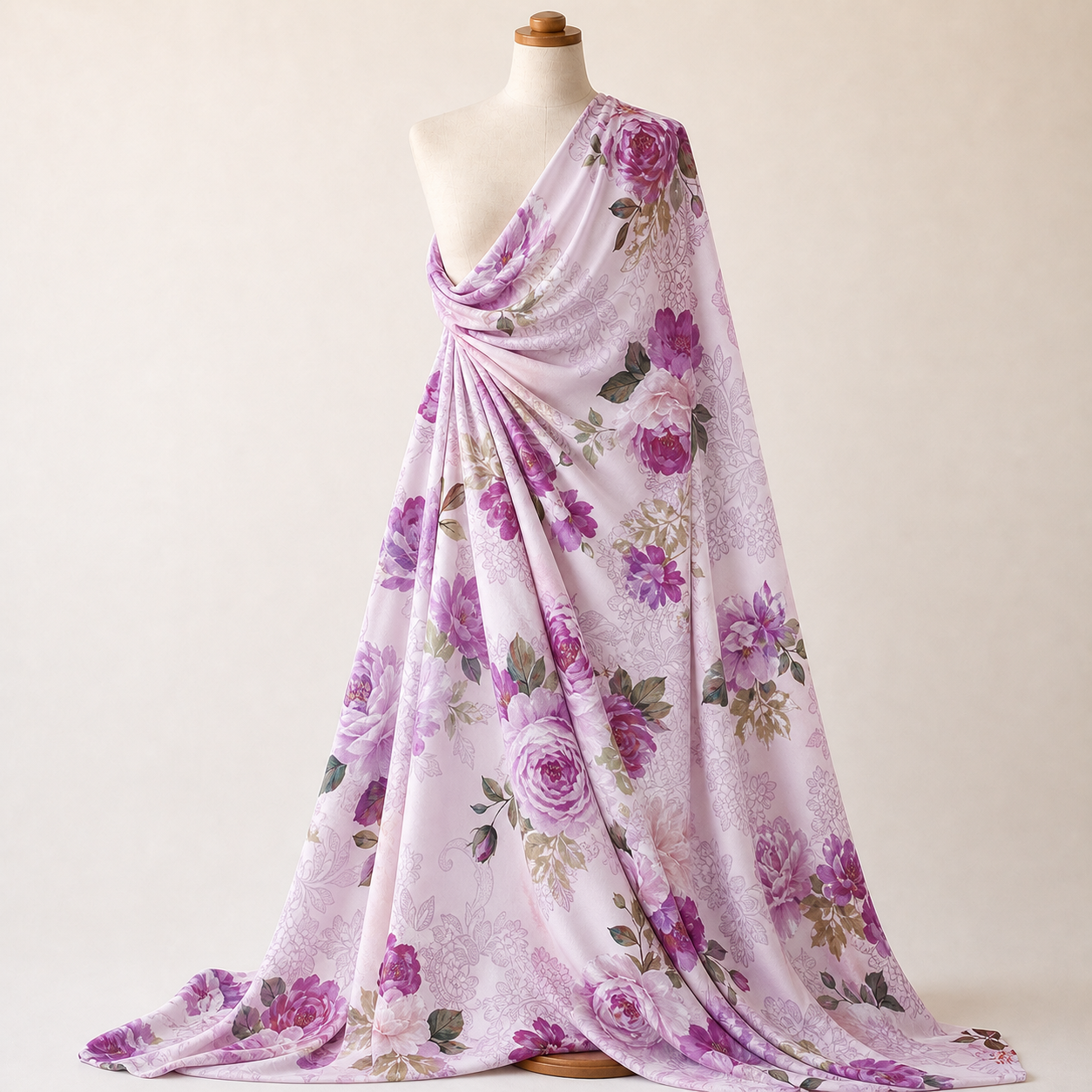 Pink Lilac Rose and Lace Print Woven Crepe Dress Fabric