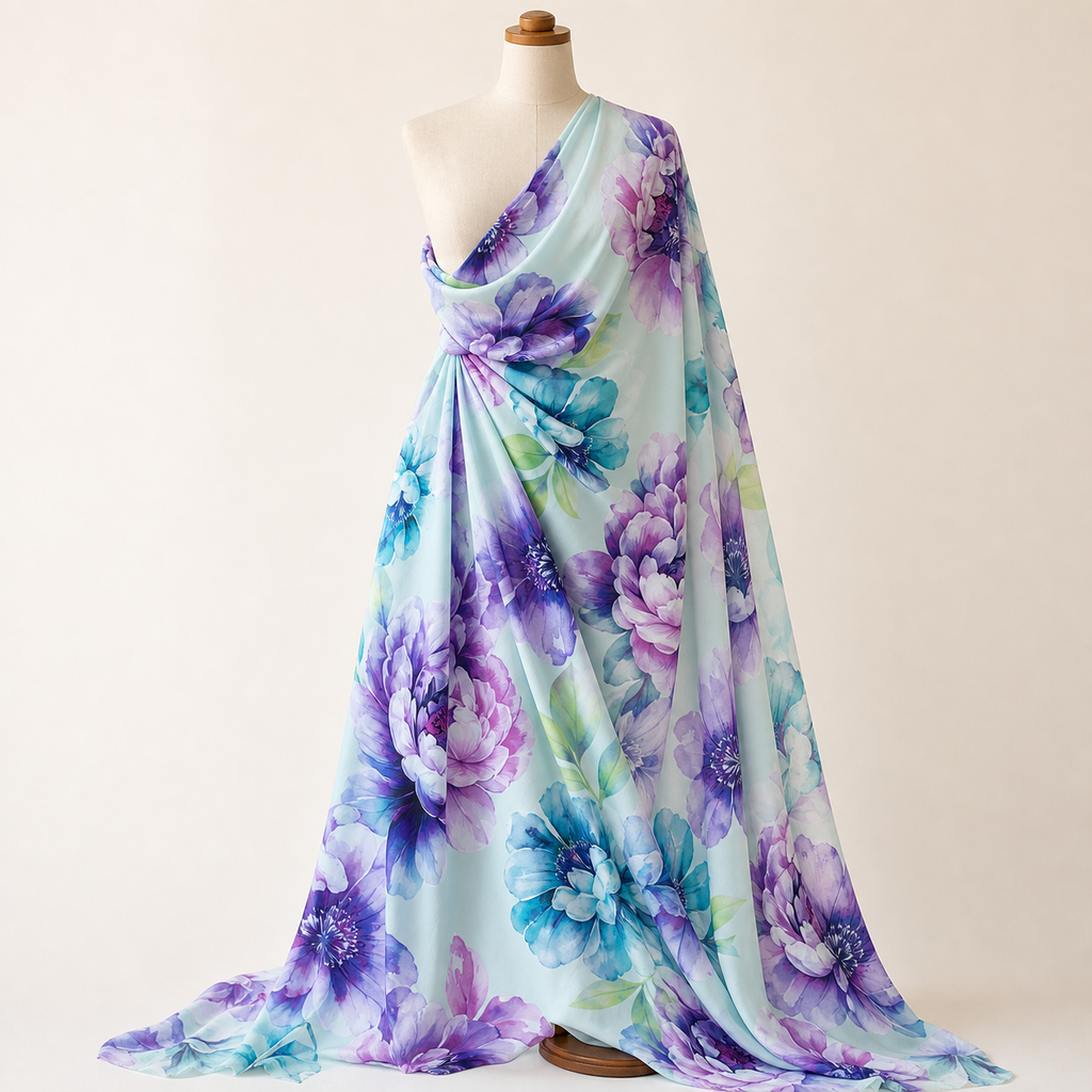 Lilac Purple Teal Watercolour Floral Woven Crepe Dress Fabric