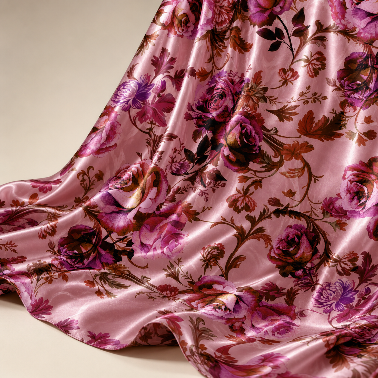 Pink Rose Floral Print Stretch Satin Dress Fabric