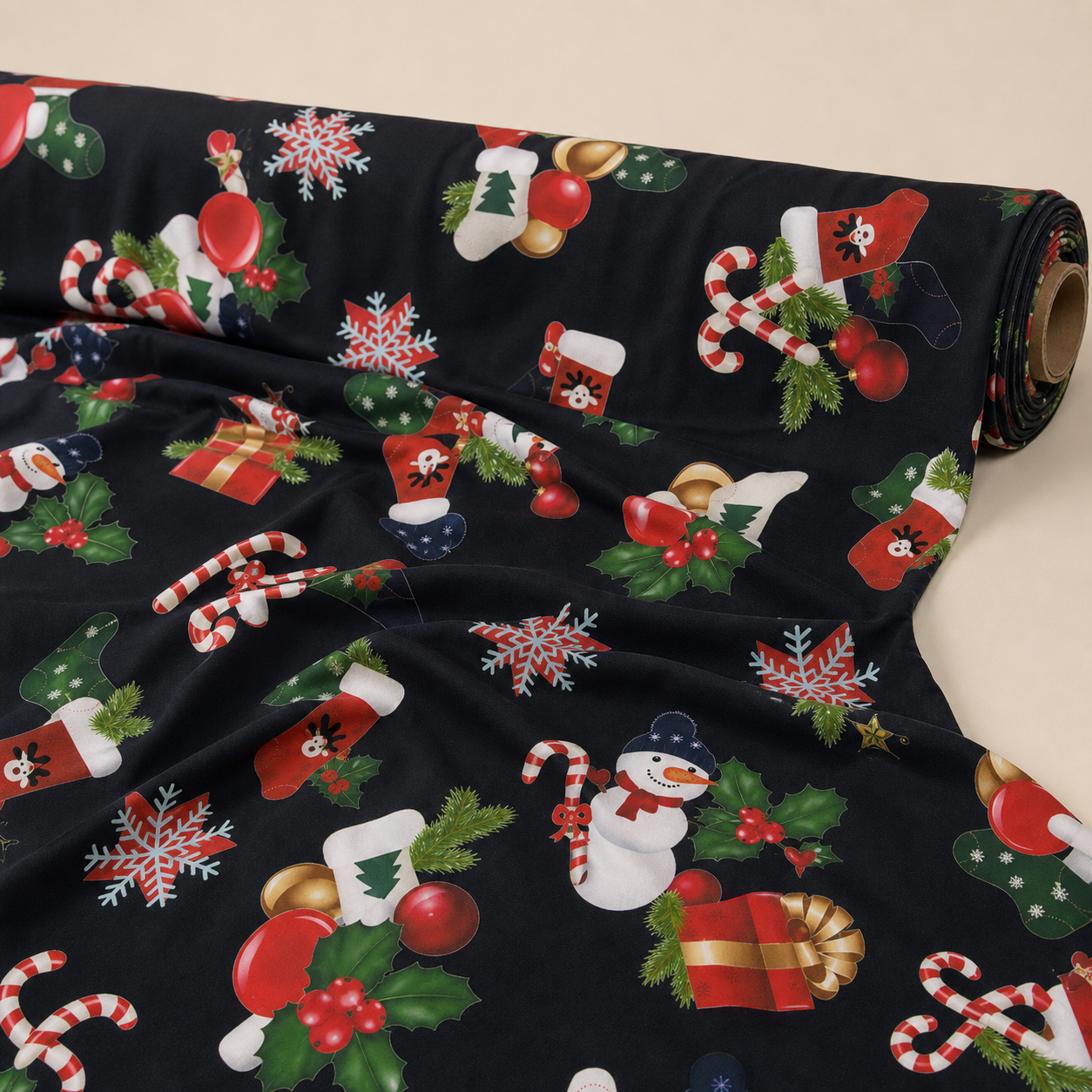 Christmas Stockings Fabric | Novelty Print on Black