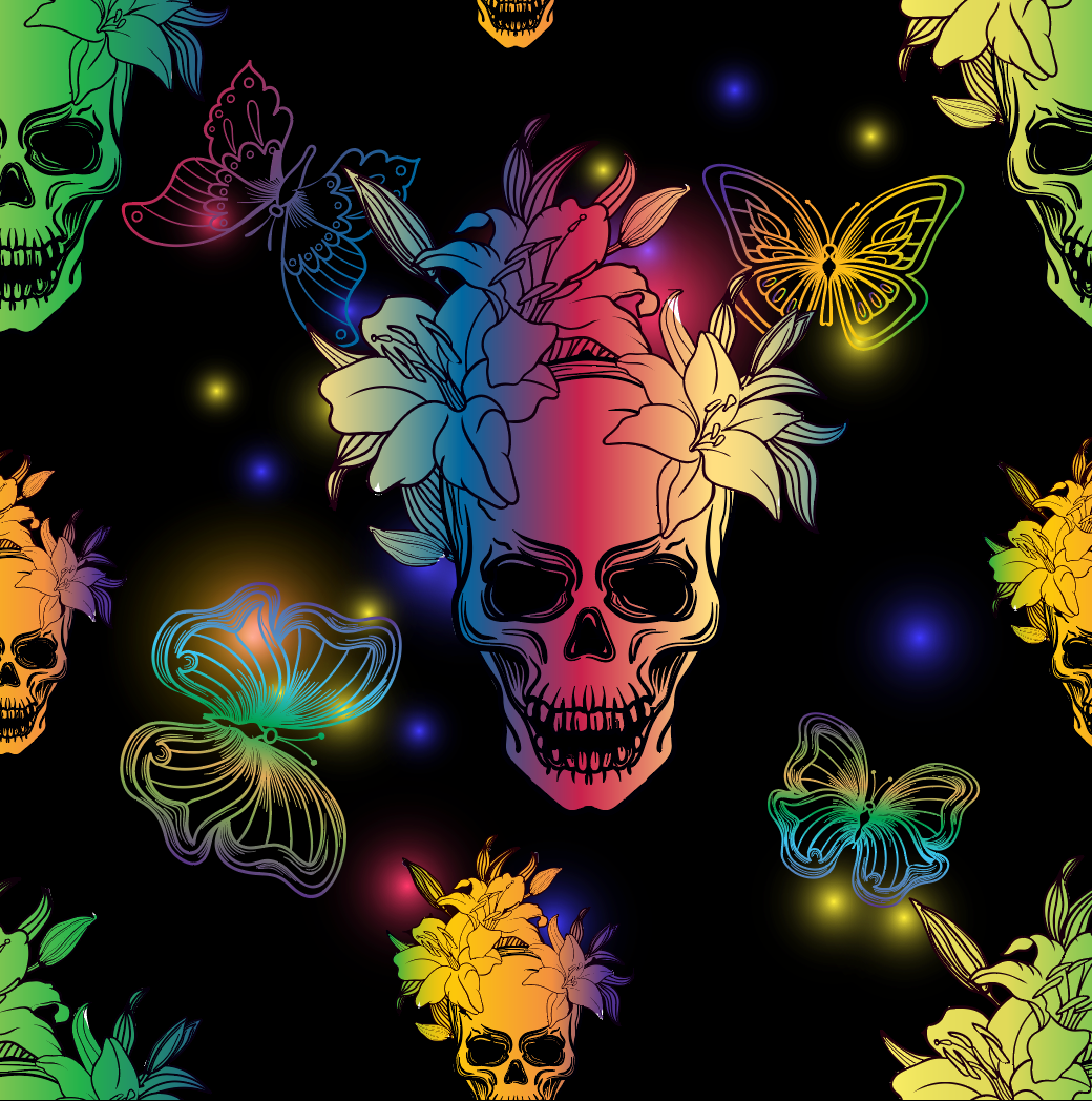 Neon Floral Skull & Butterfly Fabric