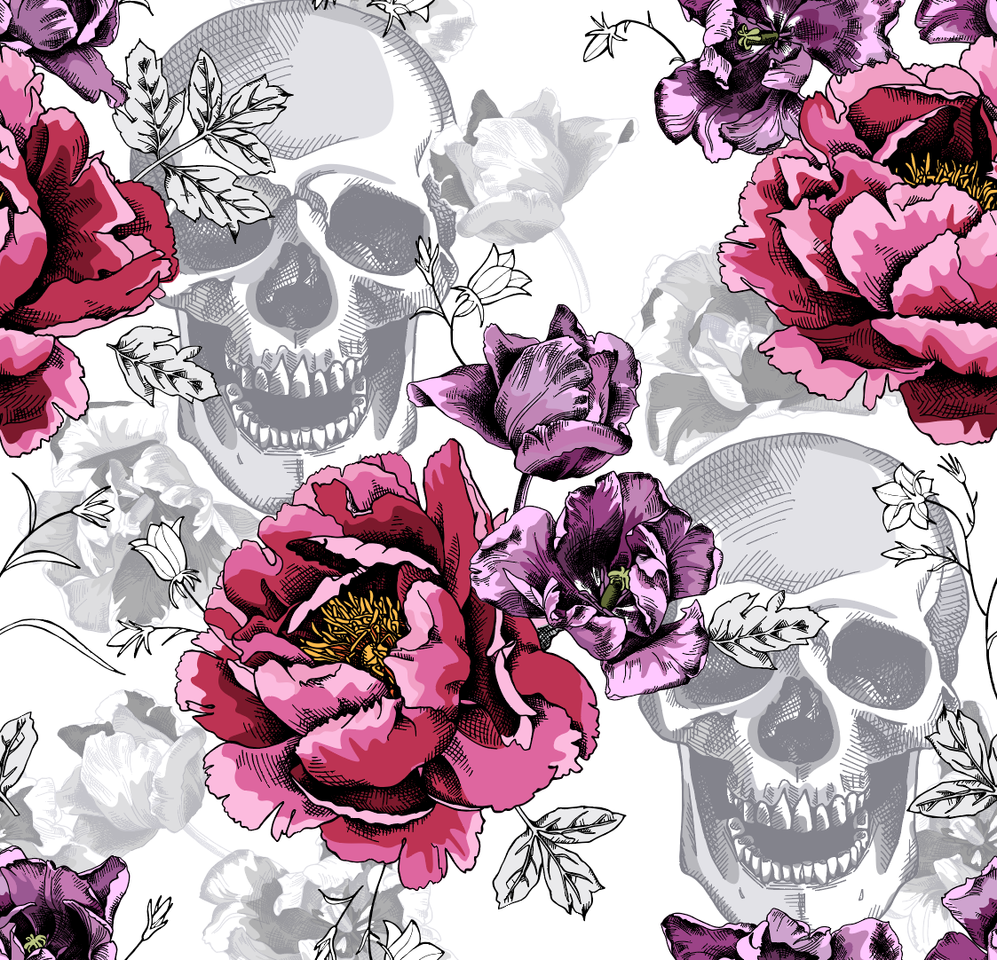 Floral Skull Fabric | Gothic Pink & Purple
