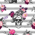 Floral Skull Stripe Fabric | Gothic Roses
