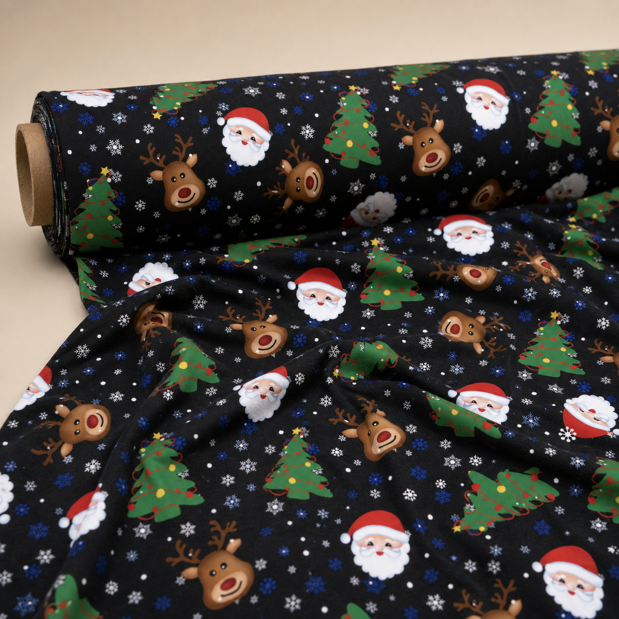 Black Santa & Christmas Tree Fabric