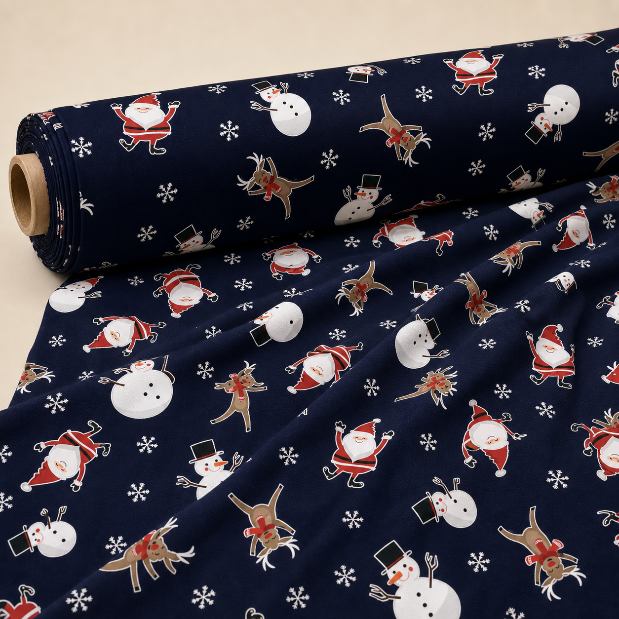 Navy Santa, Reindeer & Snowman Fabric
