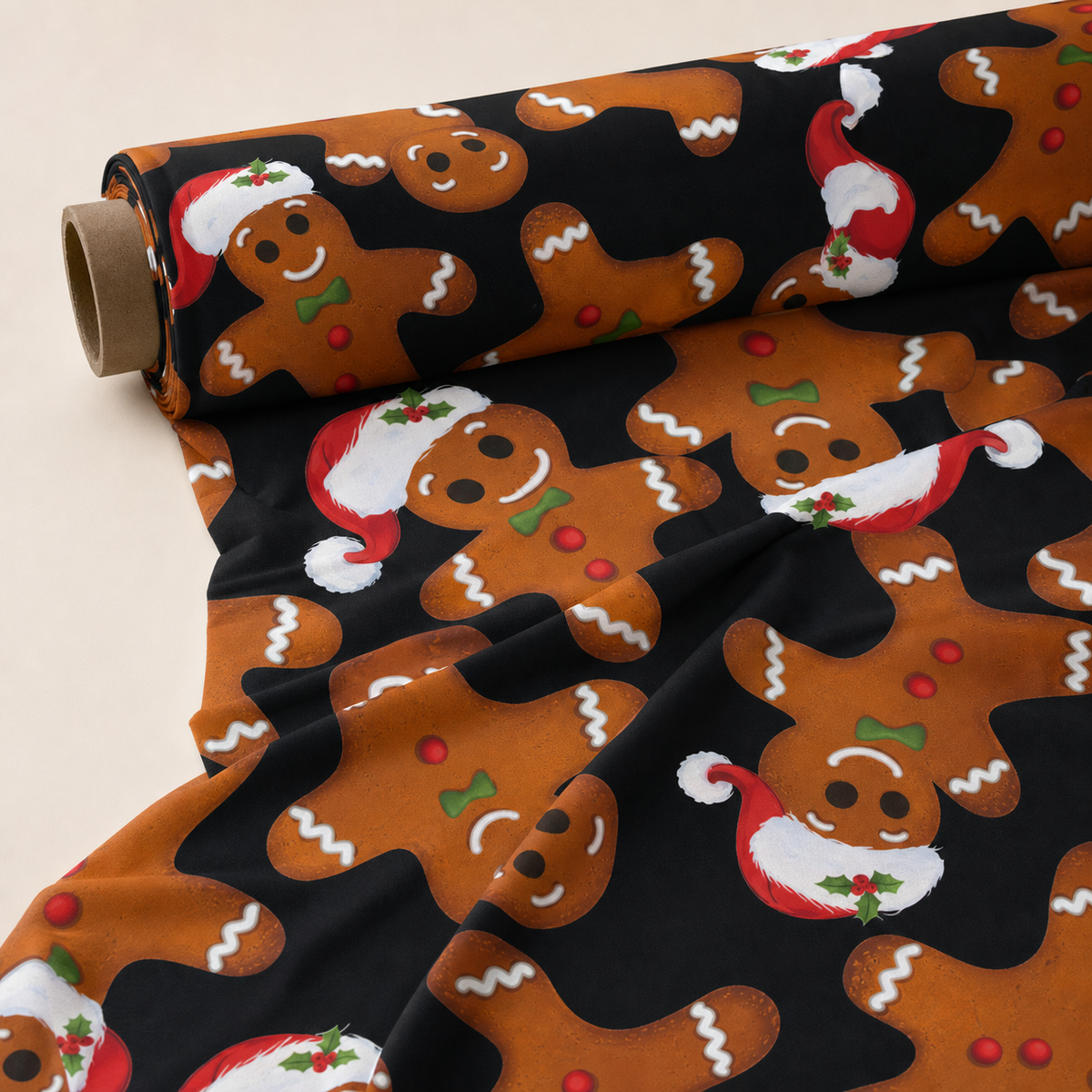 Gingerbread Man Fabric | Novelty Print on Black