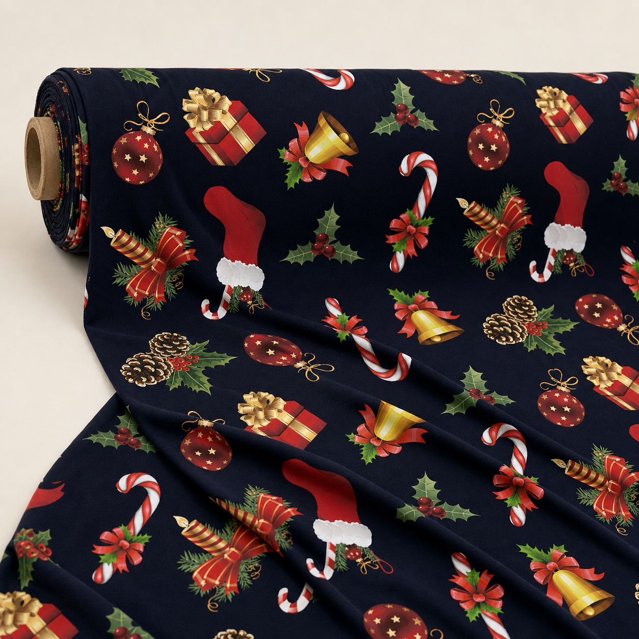 Christmas Gifts Fabric | Ornament & Bell Novelty Print