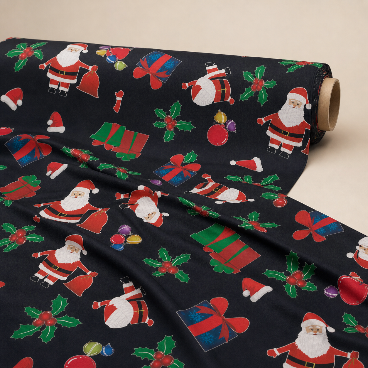 Dancing Santa Fabric | Novelty Santa Print on Black