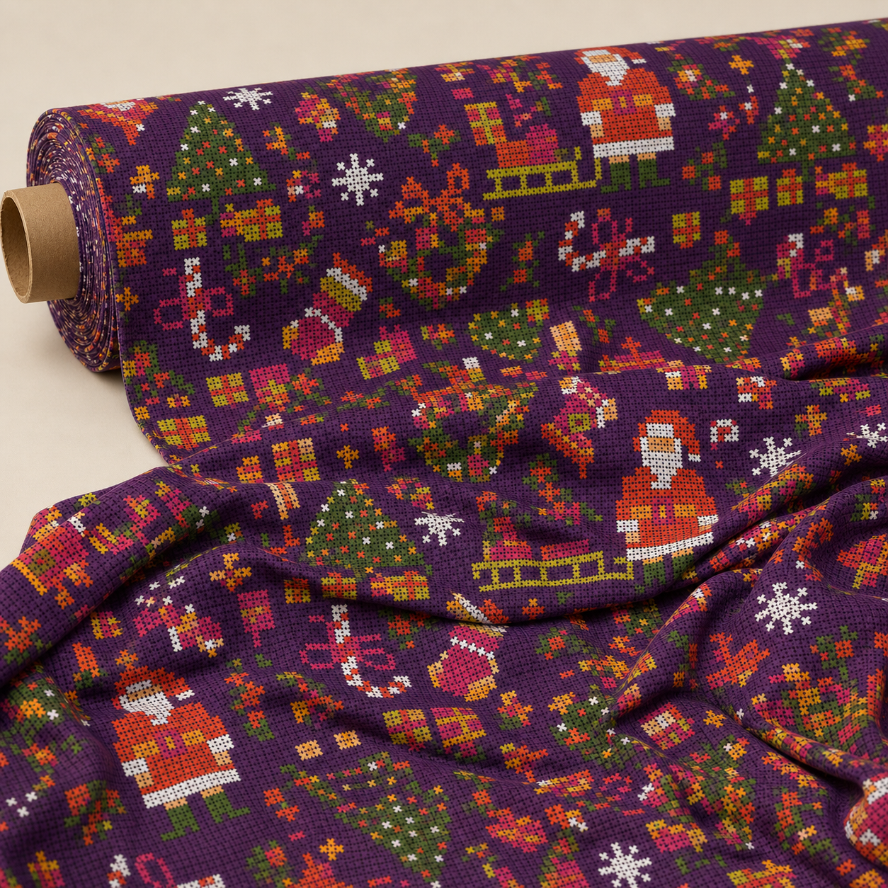 Cross Stitch Christmas Fabric | Santa & Gift Novelty Print