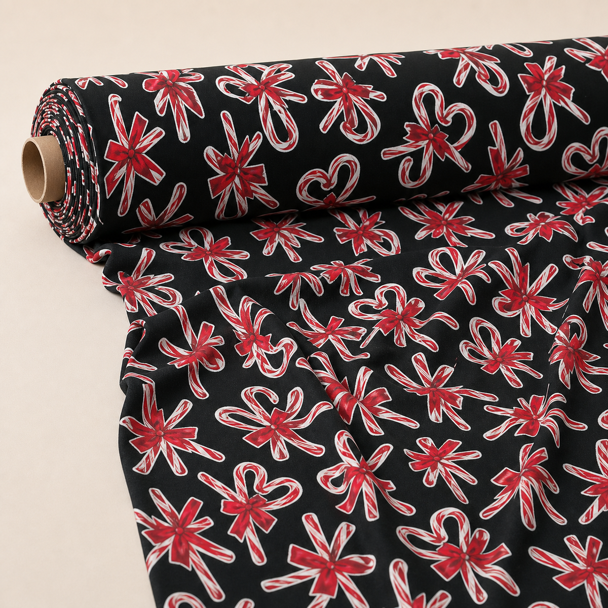 Candy Cane Bow Fabric | Christmas Novelty Print on Black