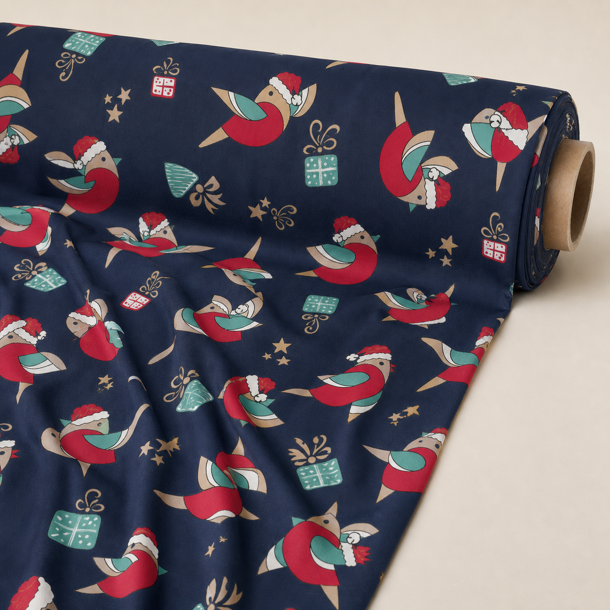 Christmas Birds Fabric | Robins in Santa Hats on Navy