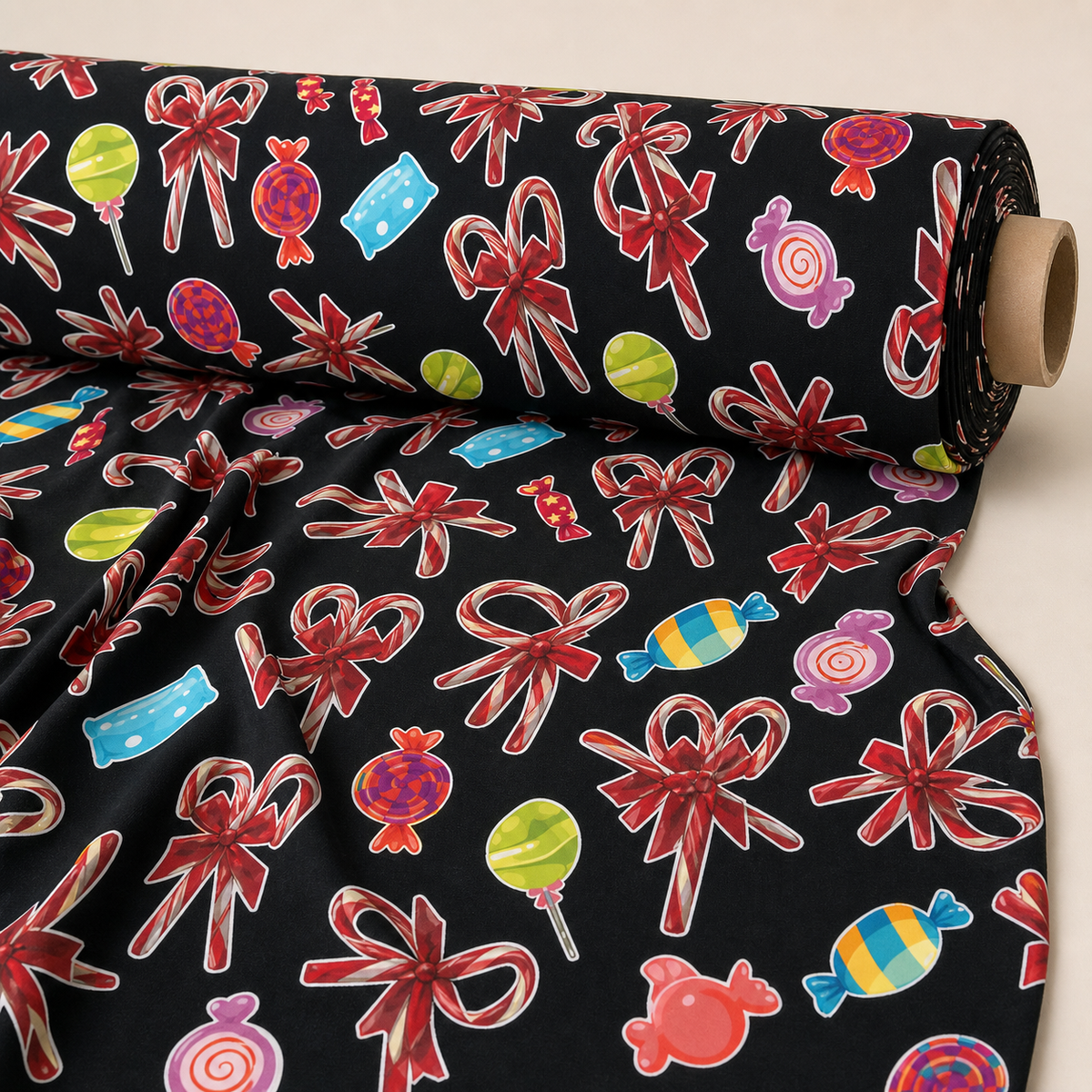 Candy Cane Fabric | Red Candy Canes & Sweets on Black