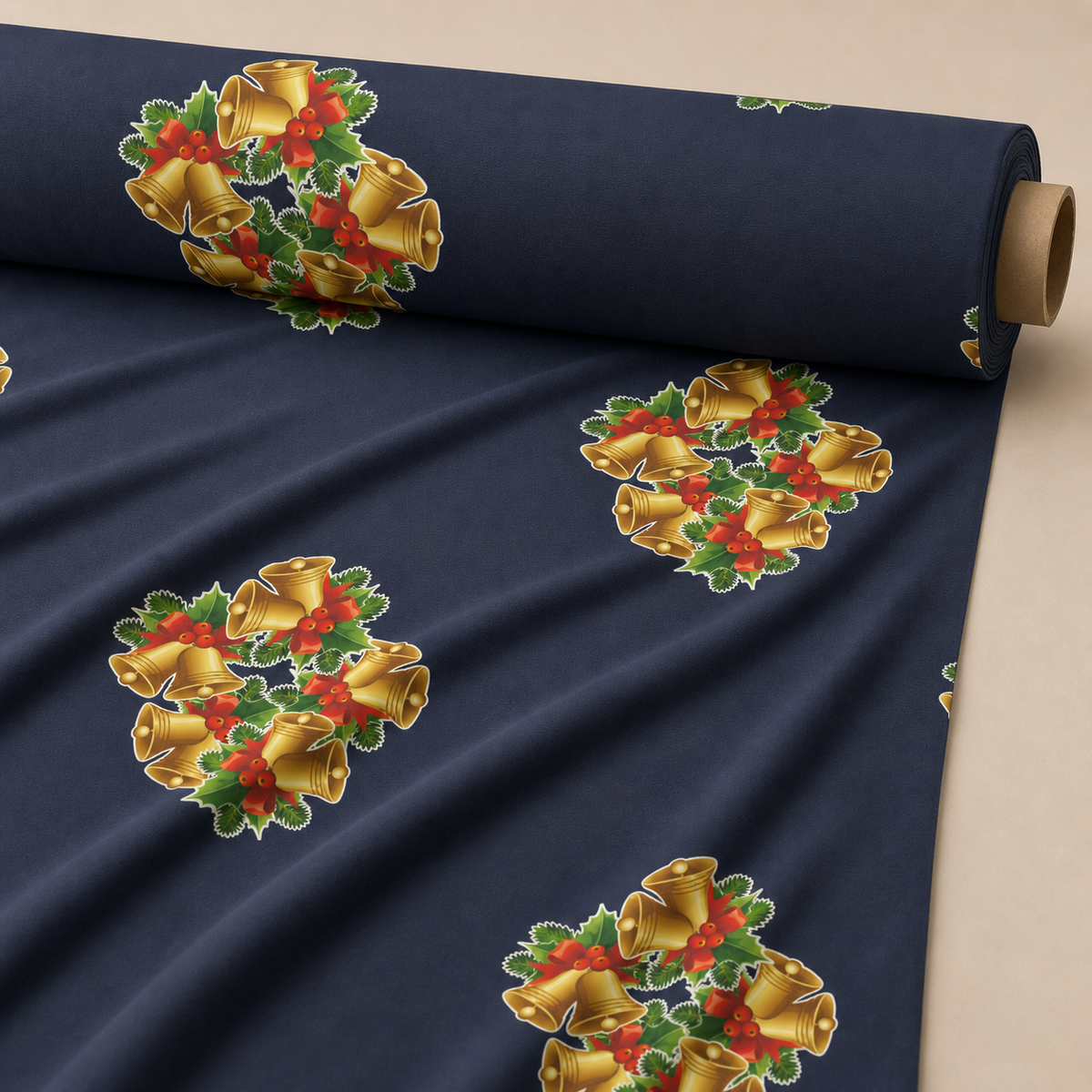 Christmas Bell Fabric | Gold Bells with Holly on Navy