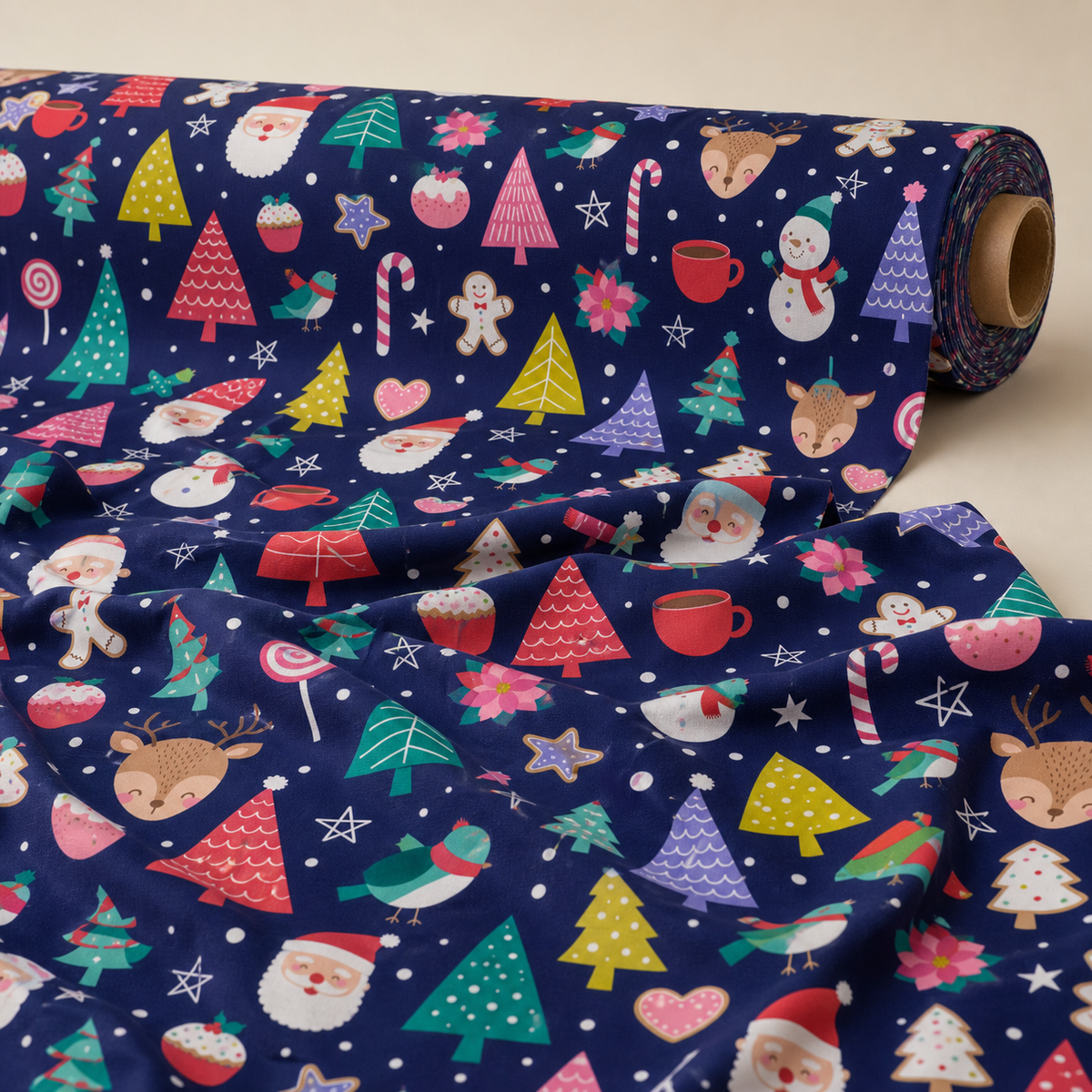 Christmas Icon Fabric | Festive Doodle Print on Navy