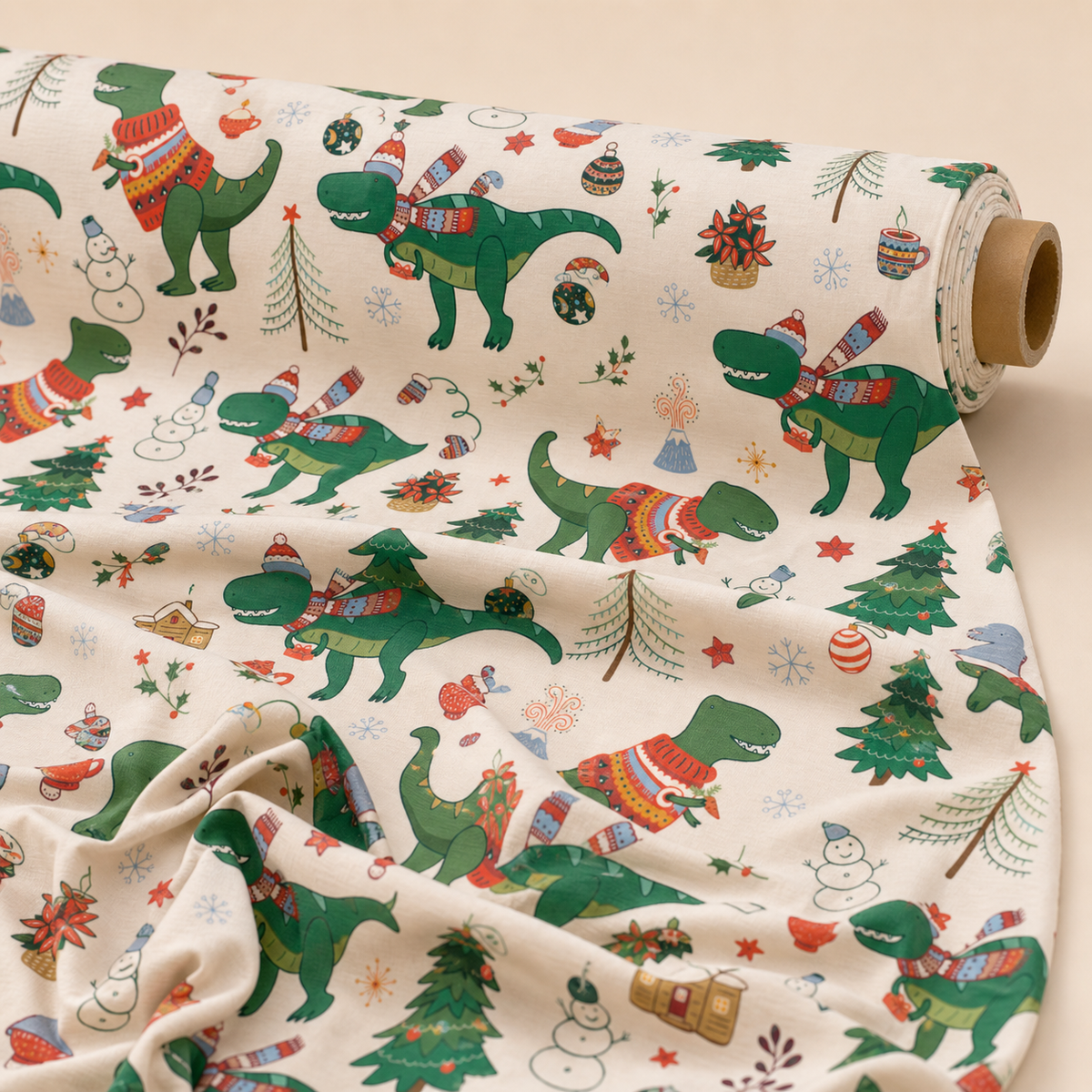 Christmas Dinosaur Fabric | Festive T-Rex Novelty Print