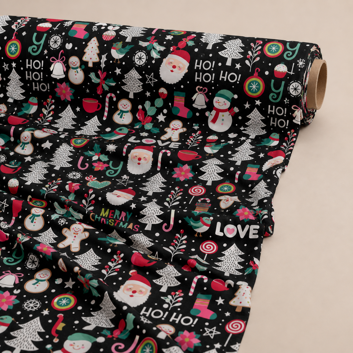Holly Jolly Scandi Christmas Fabric | Trees, Santa & Snowman Novelty
