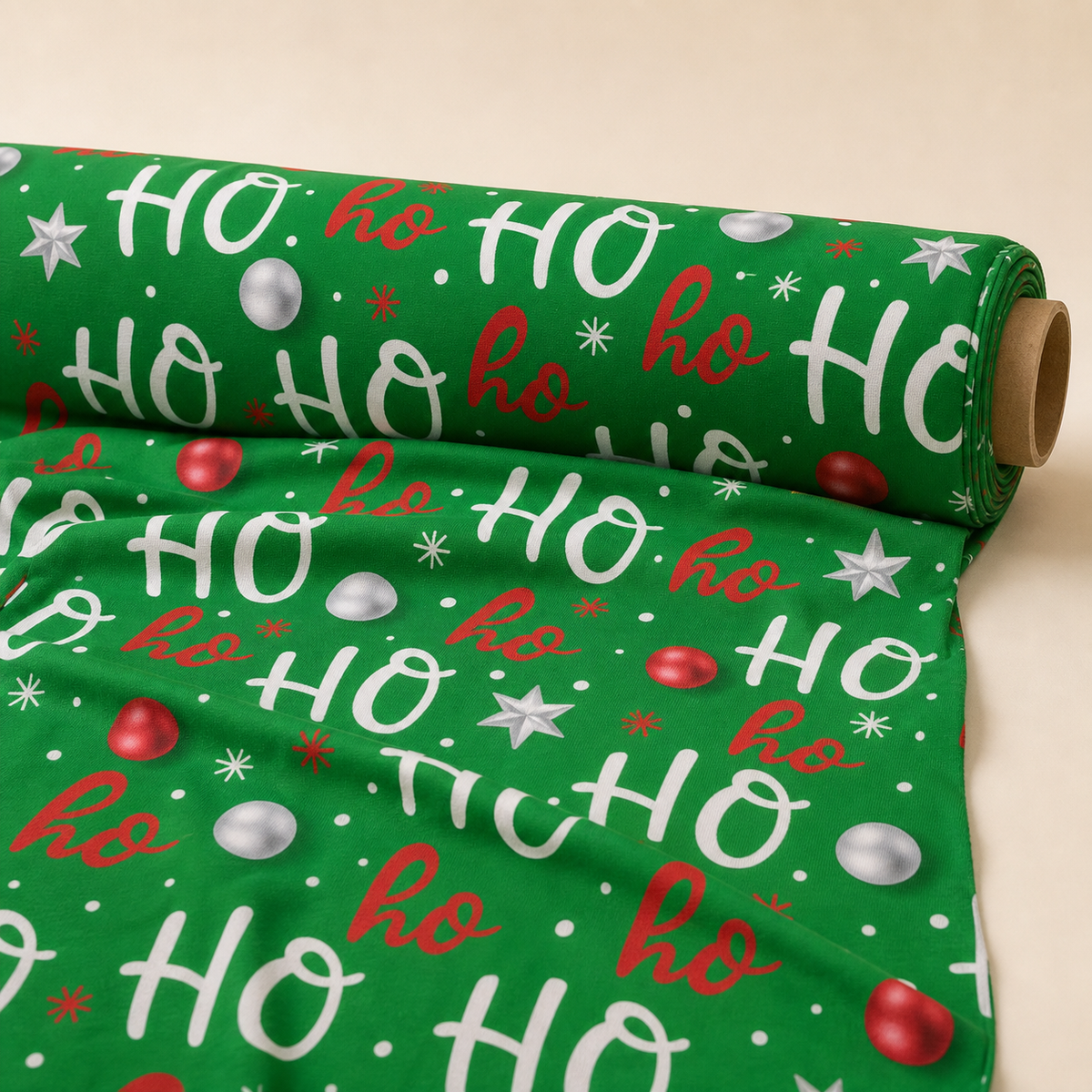 Ho Ho Ho Christmas Fabric | Green Novelty Text Print