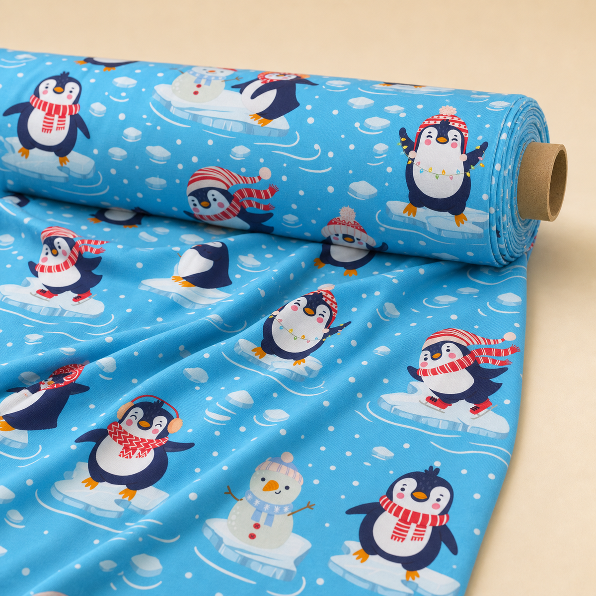 Christmas Penguin Fabric | Winter Penguin Print on Blue