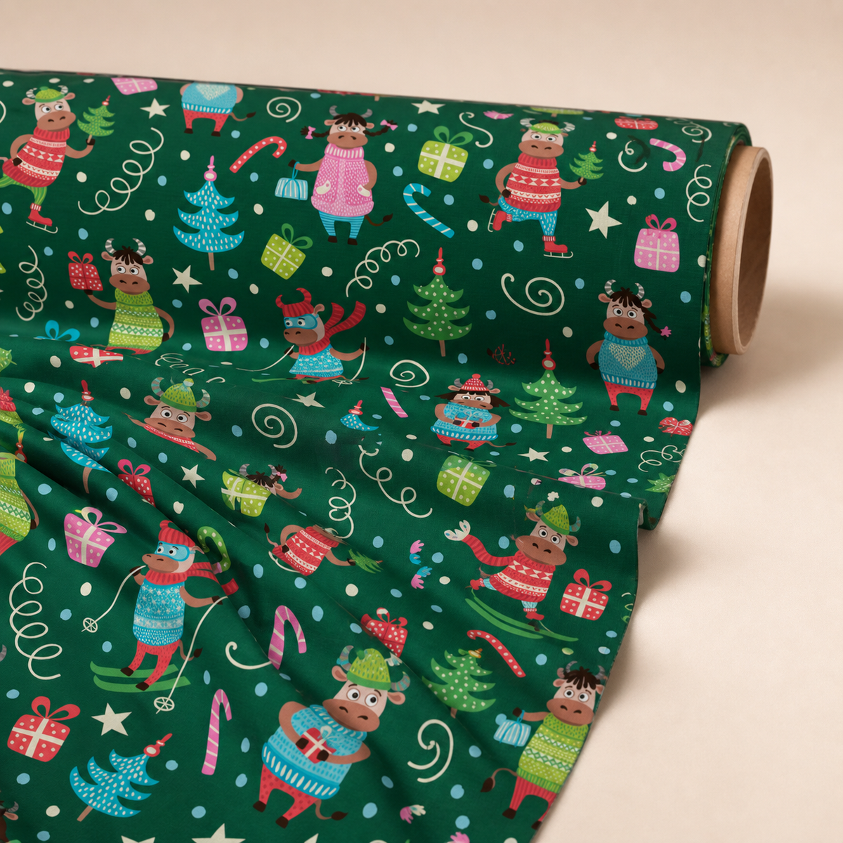 Christmas Cow Fabric | Festive Bull Novelty Print