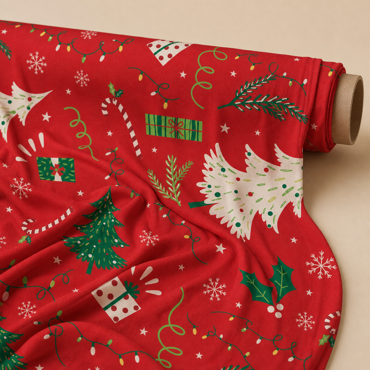Christmas Doodle Fabric | Festive Icons on Red