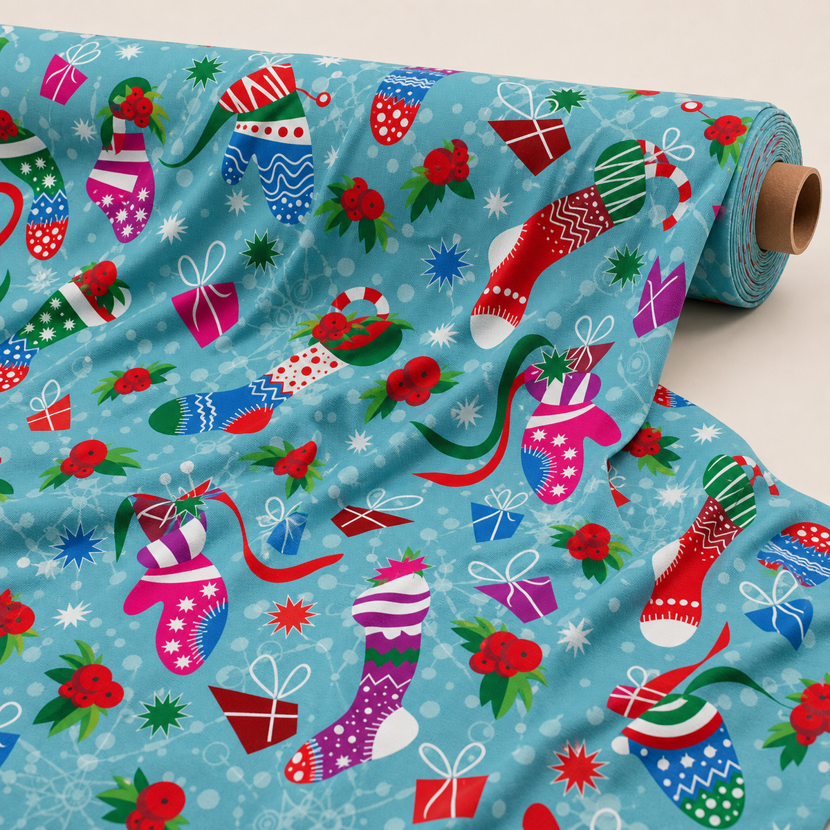 Christmas Stocking & Mitten Fabric | Colourful Novelty Print