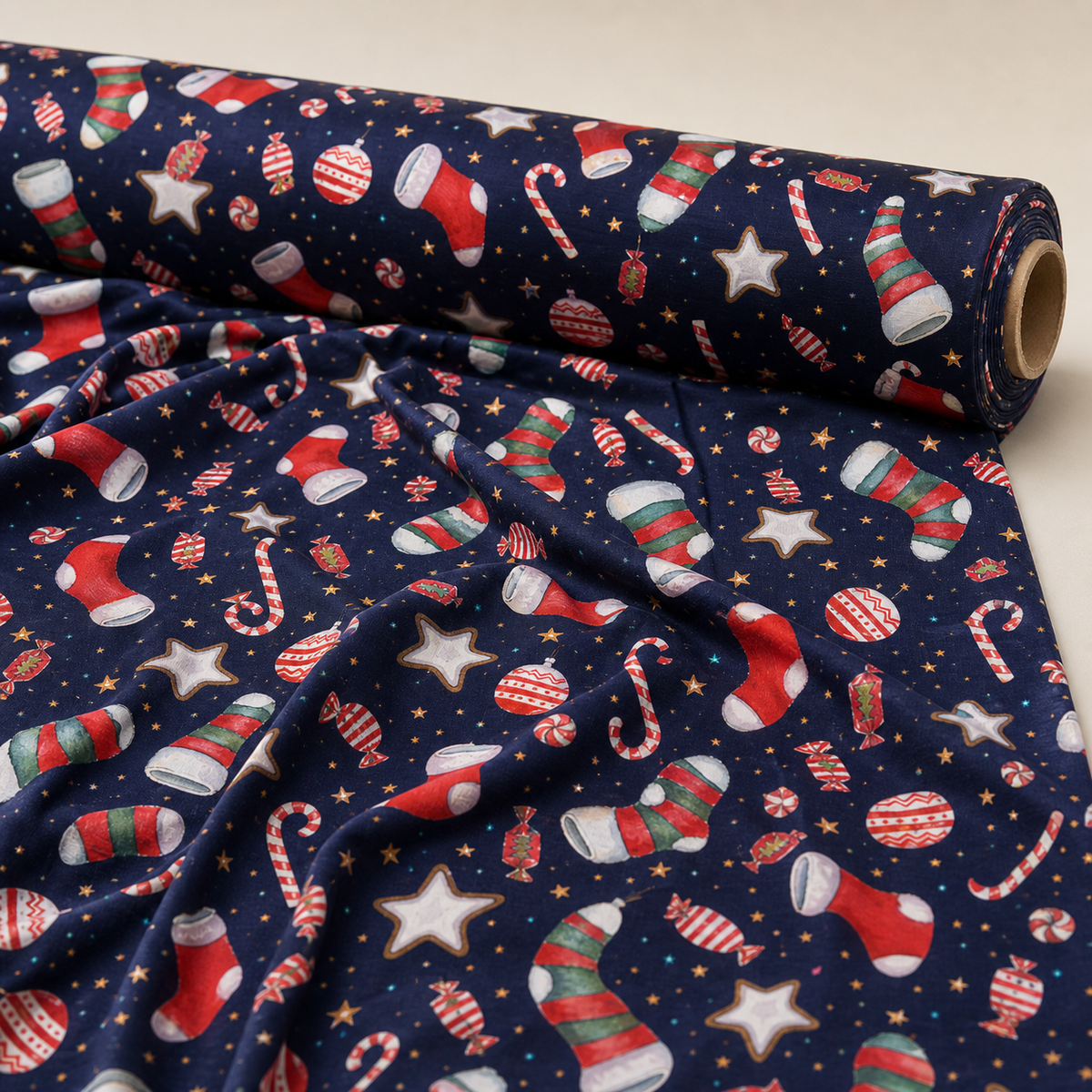 Christmas Stocking & Mitten Fabric | Festive Print on Navy