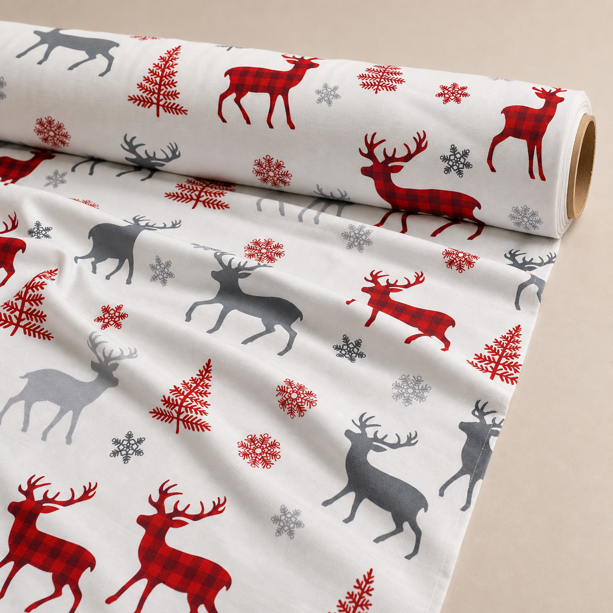 Buffalo Plaid Reindeer Fabric | Red & Grey Deer on White