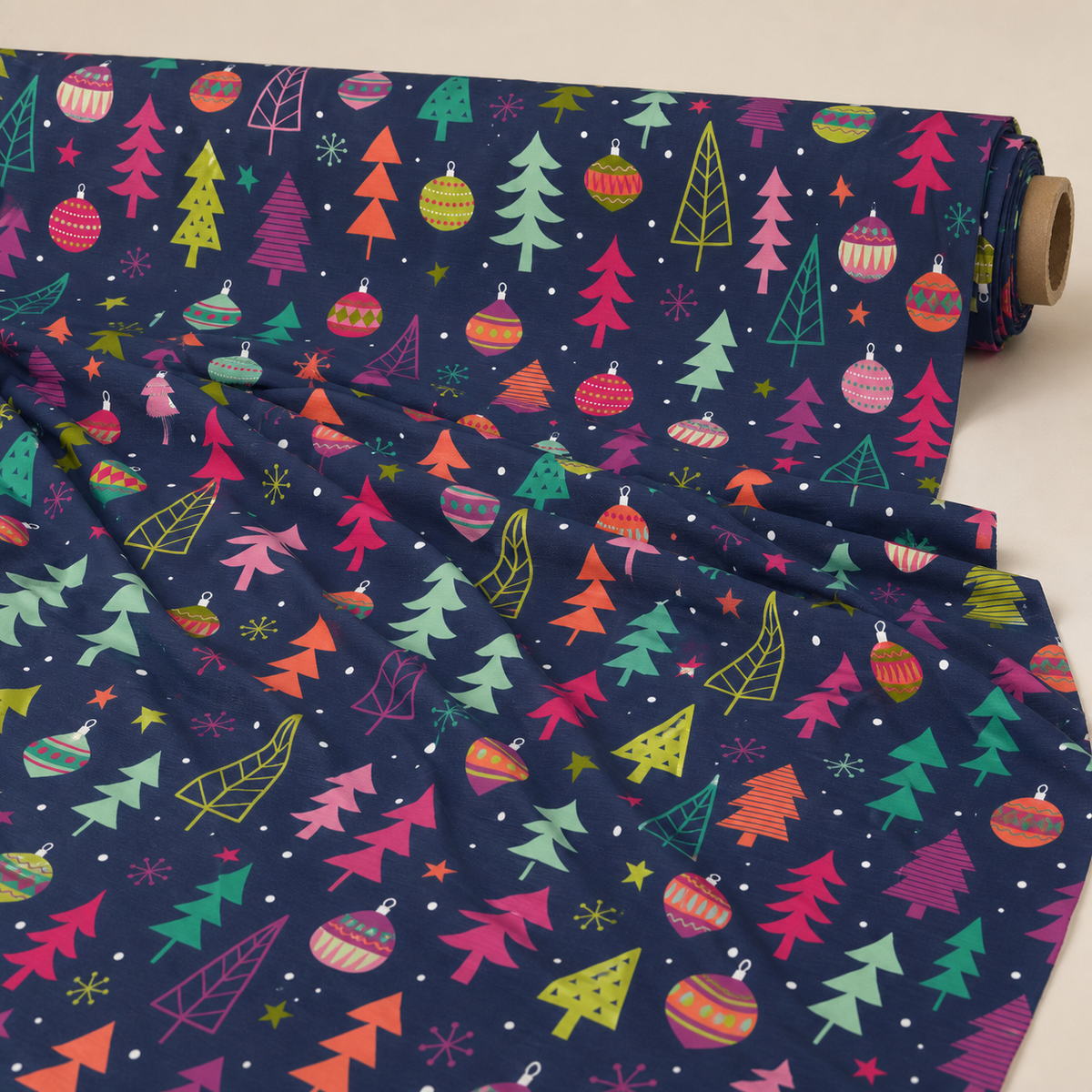Retro Christmas Ornament Fabric | Colourful Tree & Bauble Print