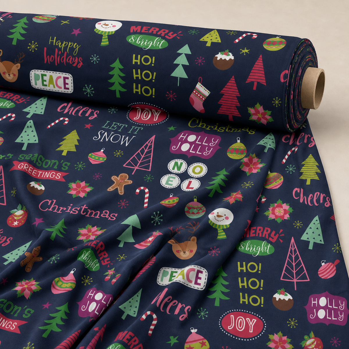 Christmas Greetings Fabric | Festive Typography Novelty Print