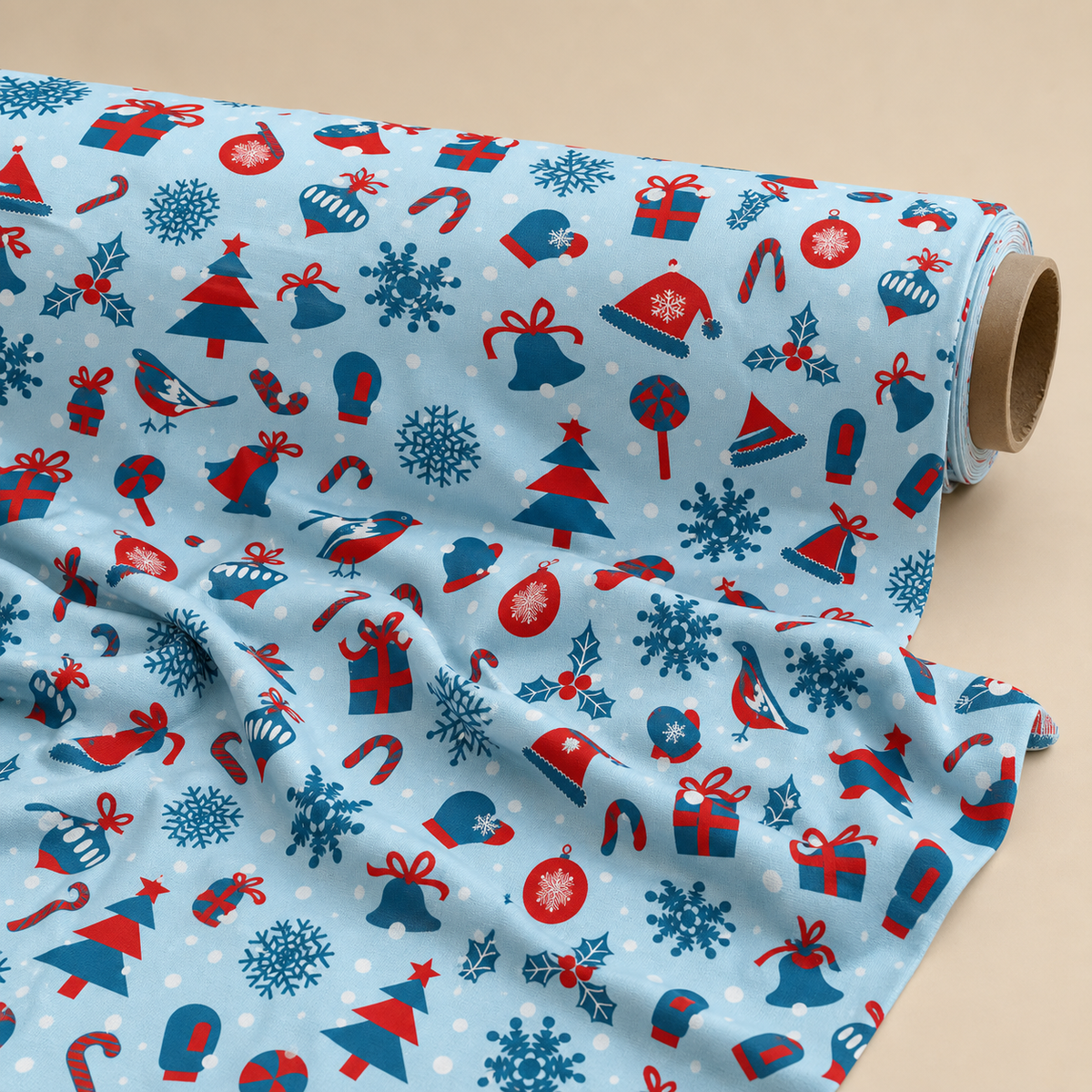 Christmas Icon Fabric | Festive Doodle Print on Blue