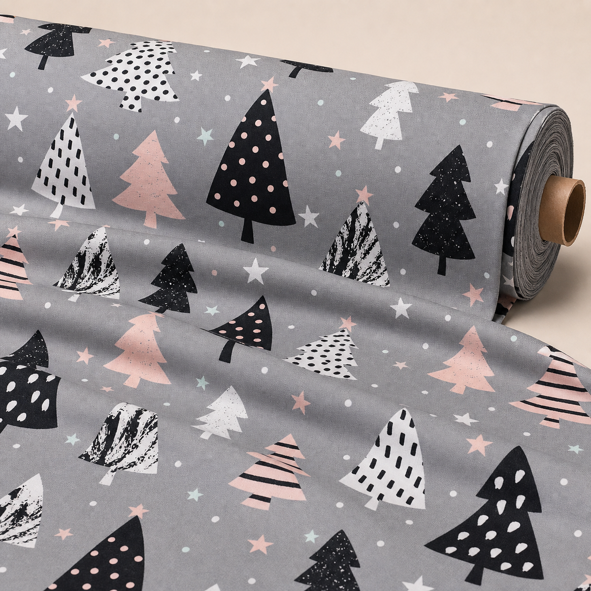 Modern Christmas Tree Fabric | Black, White & Pink Novelty Print