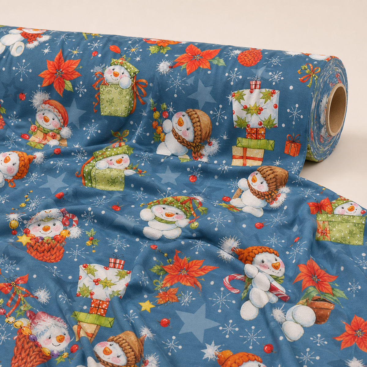 Christmas Snowman Fabric | Snowmen & Gifts on Blue