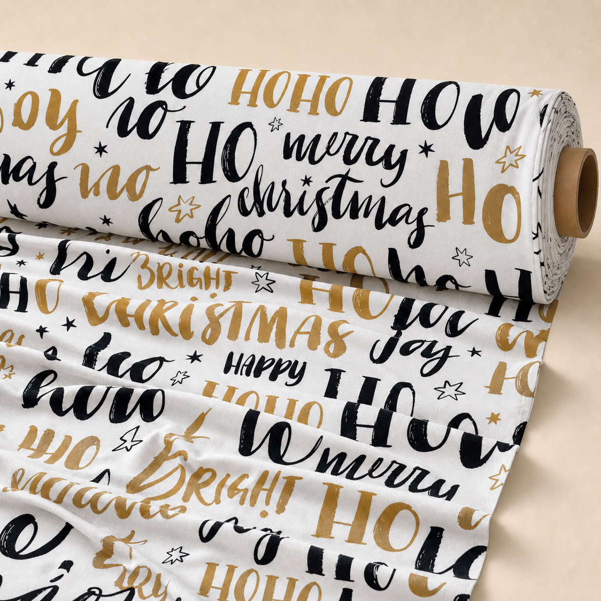 Merry Christmas Typography Fabric | Black & Gold Novelty Print