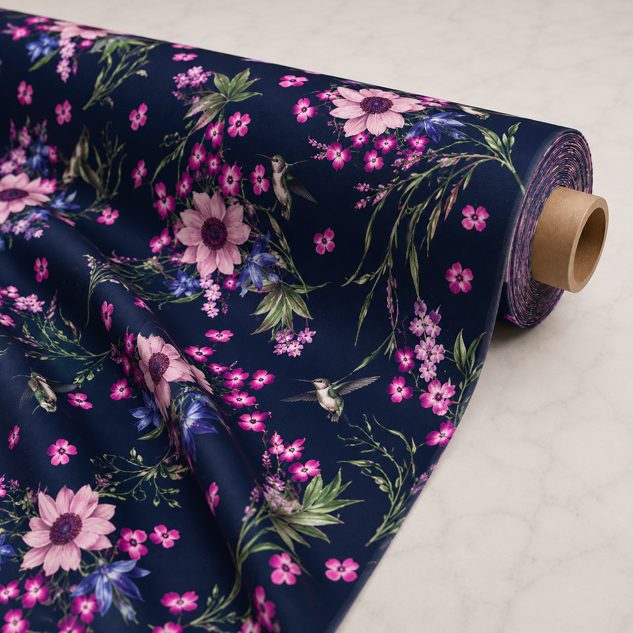Navy Floral Bird Fabric