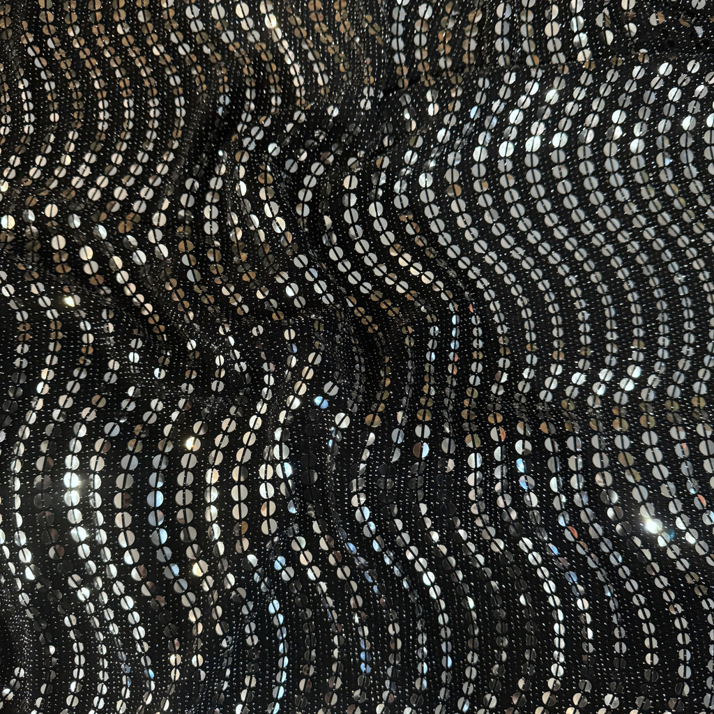 FS1223 Shiny Metallic Foil Silver Circle wave Sequins Lurex Nylon Stretch Fabric