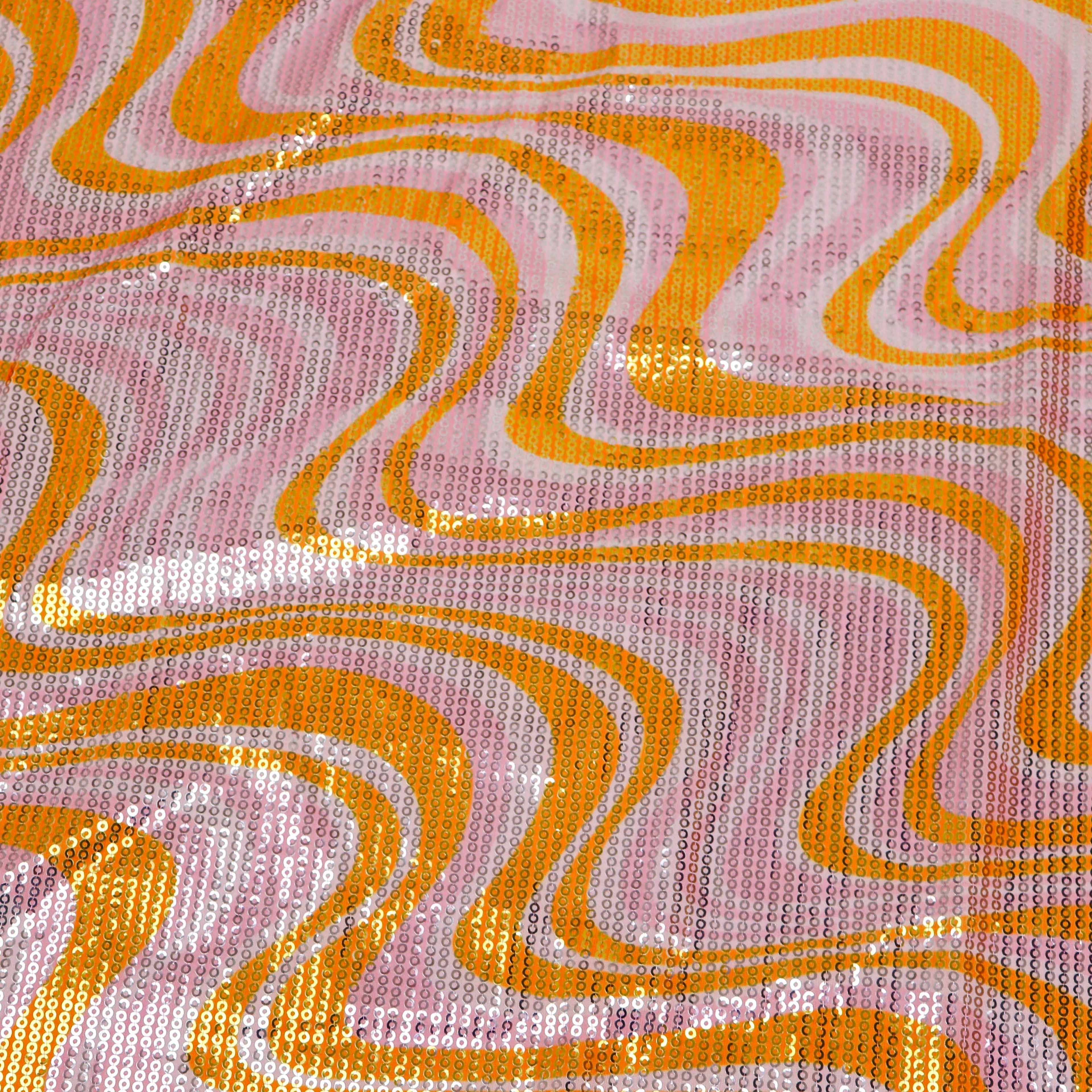Pink & Orange Geometric Print Stretch Sequin Fabric