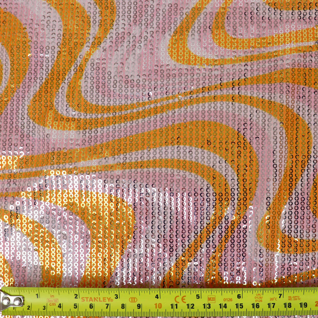Pink & Orange Geometric Print Stretch Sequin Fabric