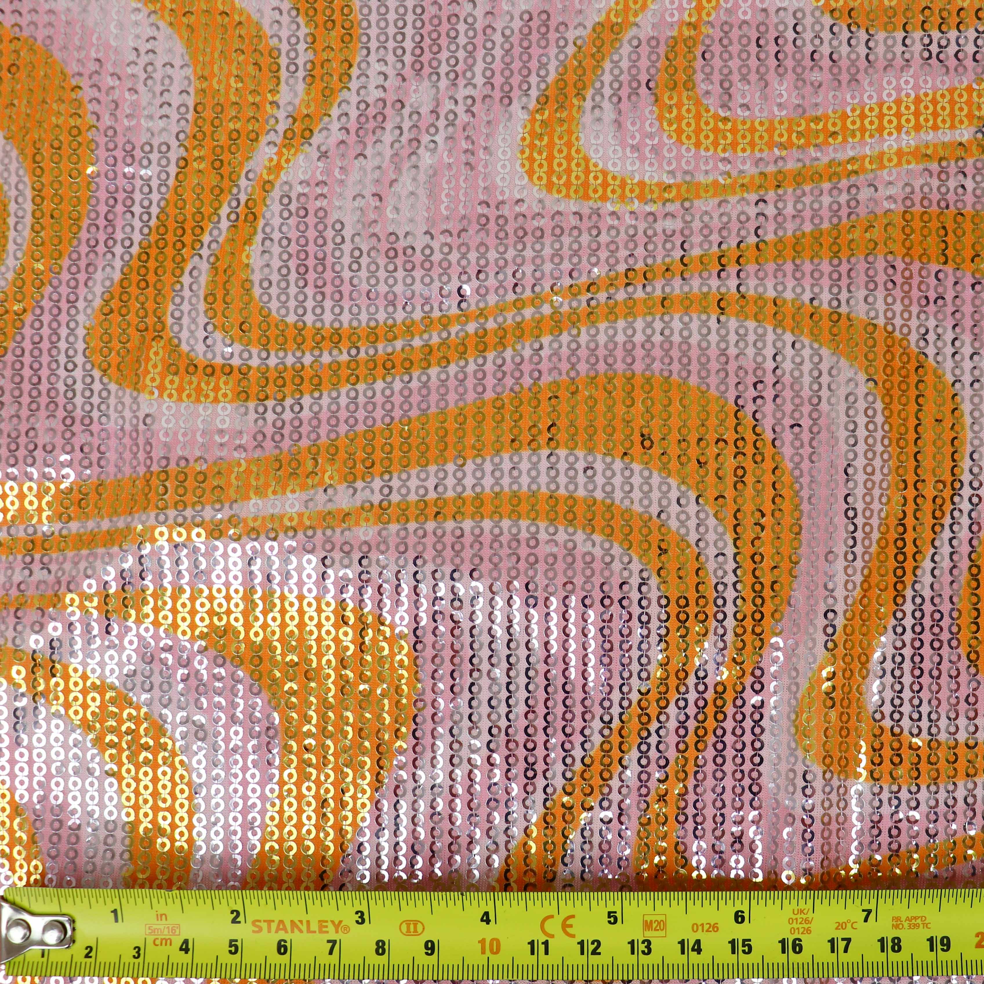 Pink & Orange Geometric Print Stretch Sequin Fabric