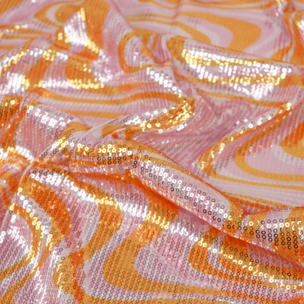 Pink & Orange Geometric Print Stretch Sequin Fabric
